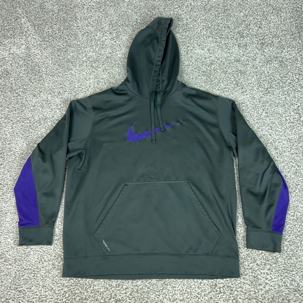 Nike Hoodie Mens XXL Gray Purple Therma FIT Pullover Swoosh Sweatshirt Logo Gym